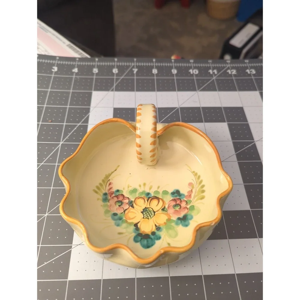 Vintage Italian Floral Hand Painted Round Ruffled Edge Trinket Candy Dish Yellow